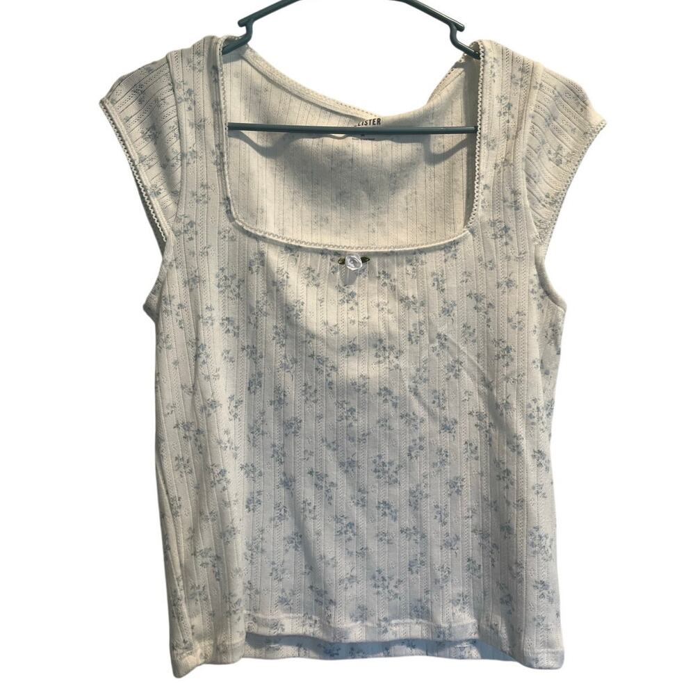Hollister White Floral Ribbed Womens Size M Squared Neck Top